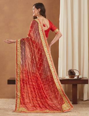 bandhej mose chiffon saree with banglori art silk blouse 3