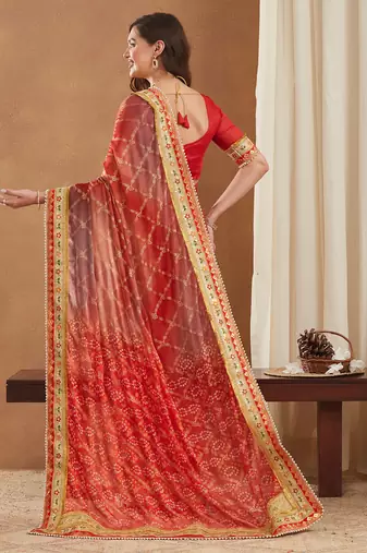 bandhej mose chiffon saree with banglori art silk blouse