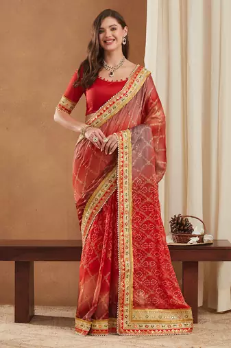 bandhej mose chiffon saree with banglori art silk blouse