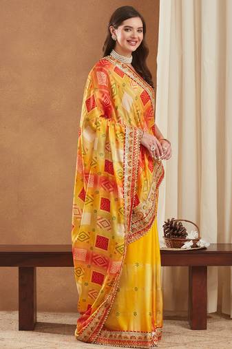 bright mose chiffon half & half bandhej saree with banglori art silk blouse