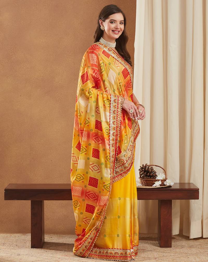 bright mose chiffon half & half bandhej saree with banglori art silk blouse