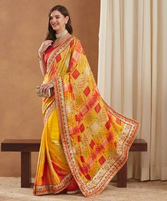 bright mose chiffon half & half bandhej saree with banglori art silk blouse 2
