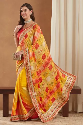 bright mose chiffon half & half bandhej saree with banglori art silk blouse