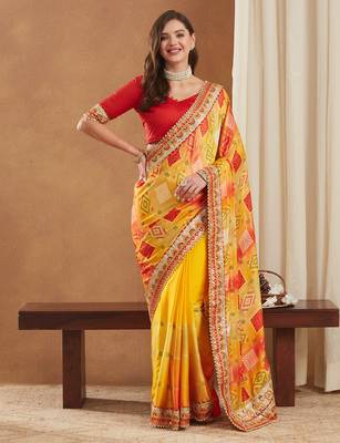 bright mose chiffon half & half bandhej saree with banglori art silk blouse 3