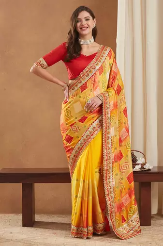 bright mose chiffon half & half bandhej saree with banglori art silk blouse