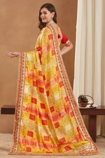 bright mose chiffon half & half bandhej saree with banglori art silk blouse