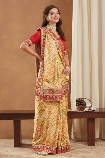 bright mose chiffon half & half bandhej saree with banglori art silk blouse