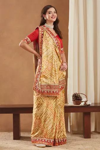 bright mose chiffon half & half bandhej saree with banglori art silk blouse