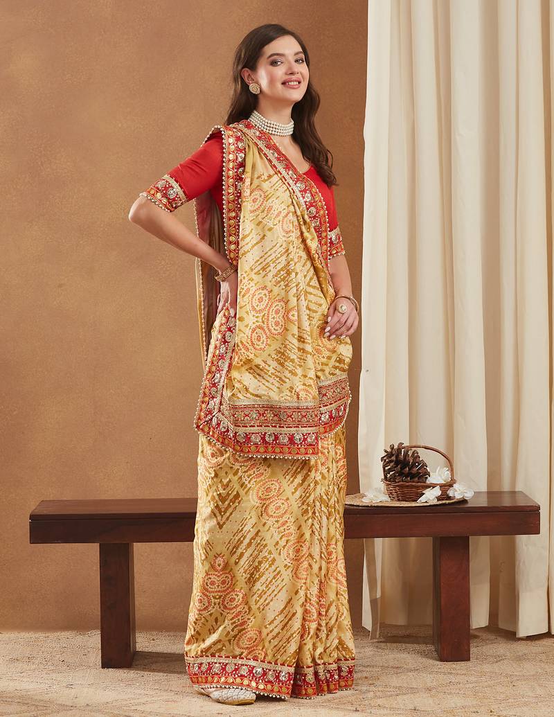 bright mose chiffon half & half bandhej saree with banglori art silk blouse