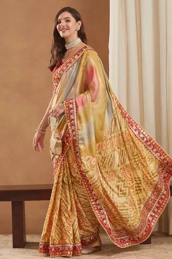 bright mose chiffon half & half bandhej saree with banglori art silk blouse