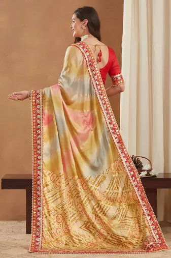 bright mose chiffon half & half bandhej saree with banglori art silk blouse