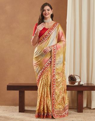 bright mose chiffon half & half bandhej saree with banglori art silk blouse 4