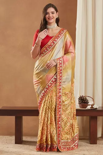 bright mose chiffon half & half bandhej saree with banglori art silk blouse