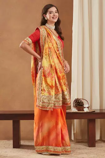 bright mose chiffon half & half bandhej saree with banglori art silk blouse