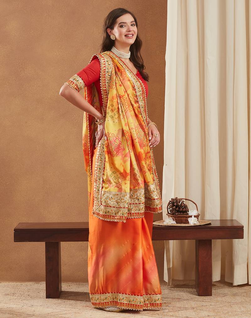 bright mose chiffon half & half bandhej saree with banglori art silk blouse