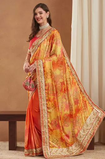 bright mose chiffon half & half bandhej saree with banglori art silk blouse