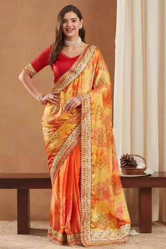 bright mose chiffon half & half bandhej saree with banglori art silk blouse