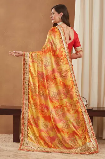 bright mose chiffon half & half bandhej saree with banglori art silk blouse