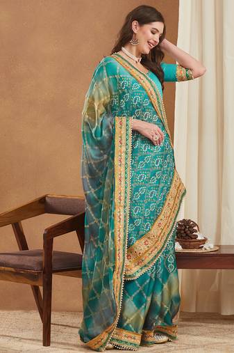 bandhej mose chiffon saree with banglori art silk blouse