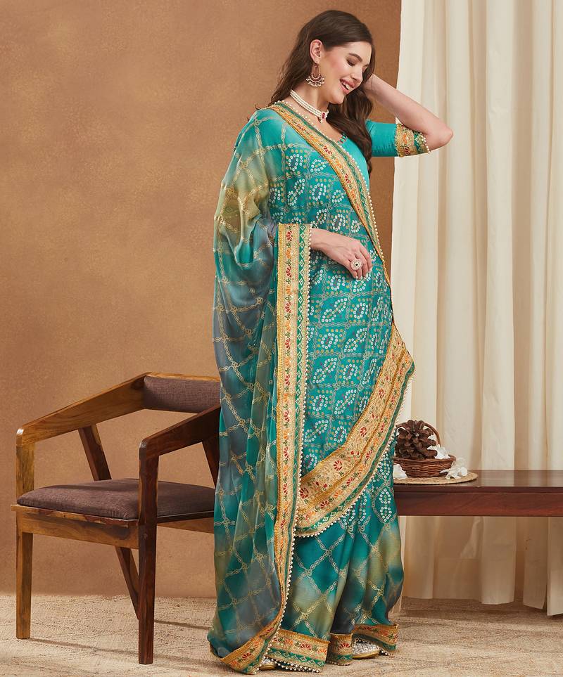 bandhej mose chiffon saree with banglori art silk blouse