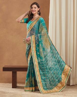 bandhej mose chiffon saree with banglori art silk blouse 2