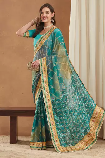 bandhej mose chiffon saree with banglori art silk blouse