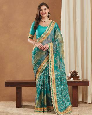 bandhej mose chiffon saree with banglori art silk blouse 3
