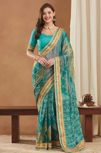 bandhej mose chiffon saree with banglori art silk blouse
