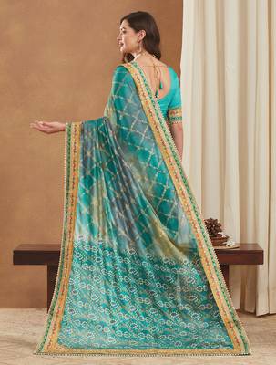bandhej mose chiffon saree with banglori art silk blouse 4