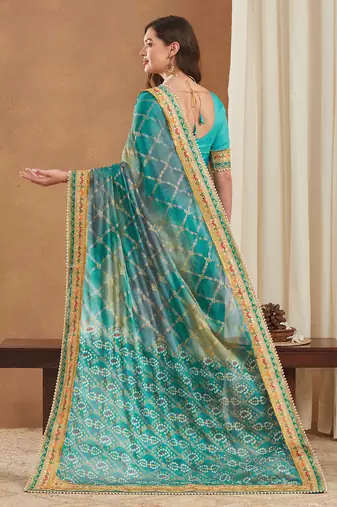 bandhej mose chiffon saree with banglori art silk blouse