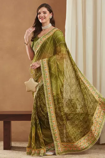 bandhej mose chiffon saree with banglori art silk blouse