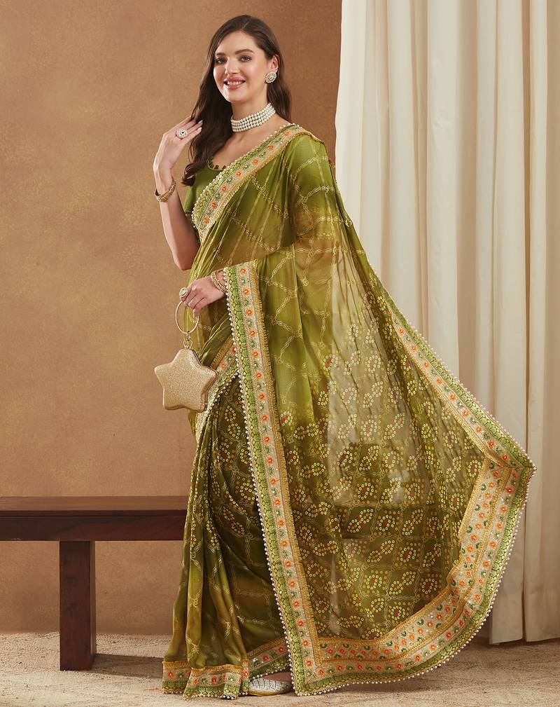 bandhej mose chiffon saree with banglori art silk blouse