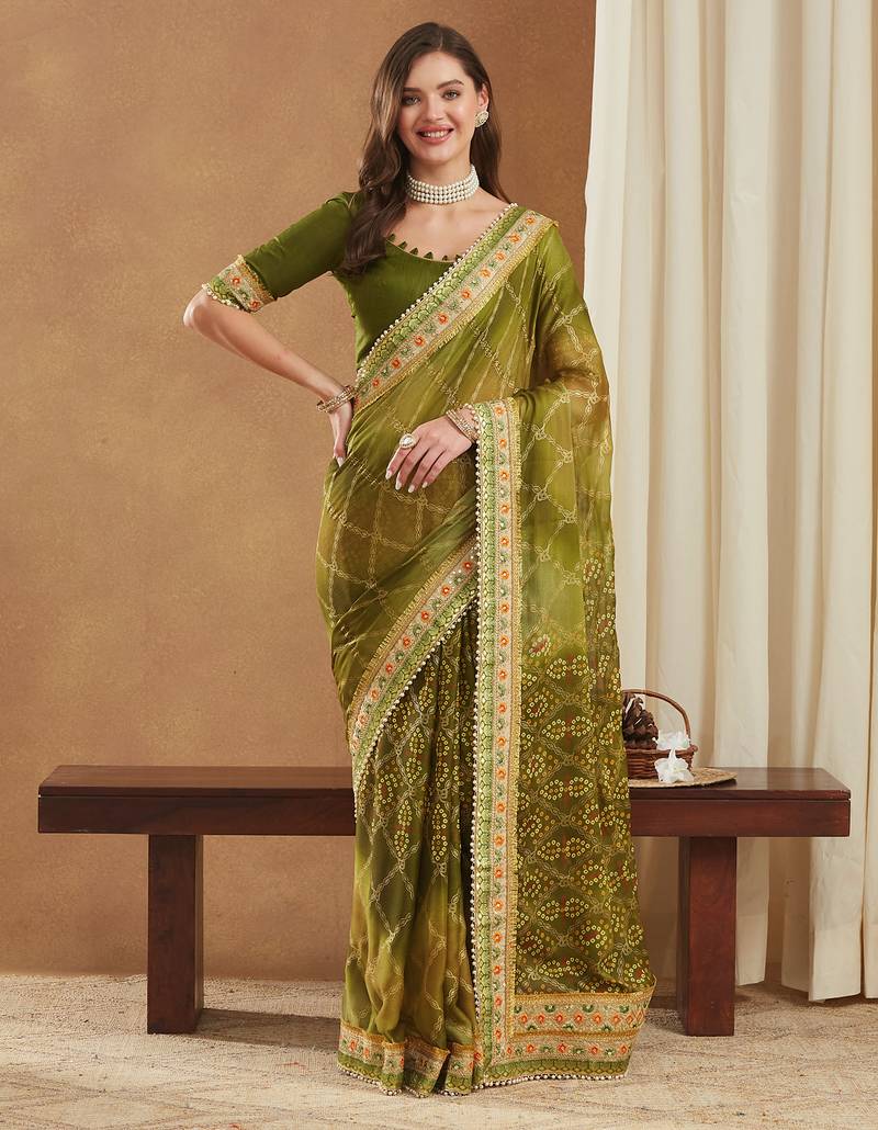 bandhej mose chiffon saree with banglori art silk blouse