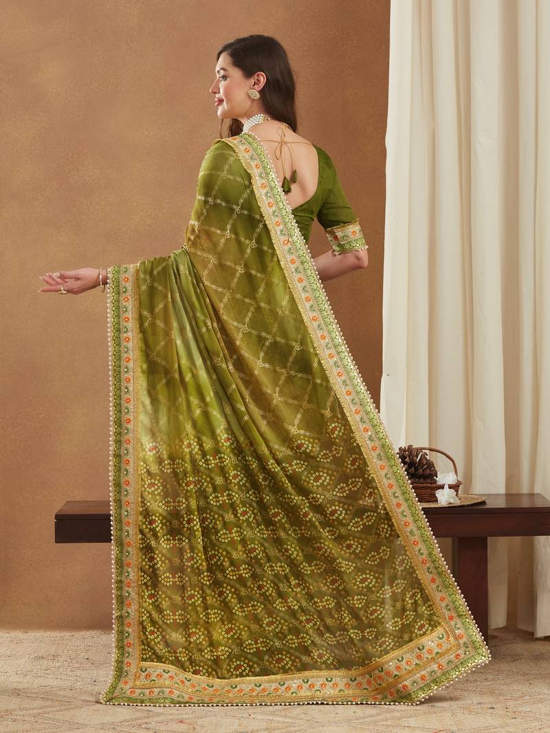bandhej mose chiffon saree with banglori art silk blouse