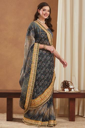 bandhej mose chiffon saree with banglori art silk blouse