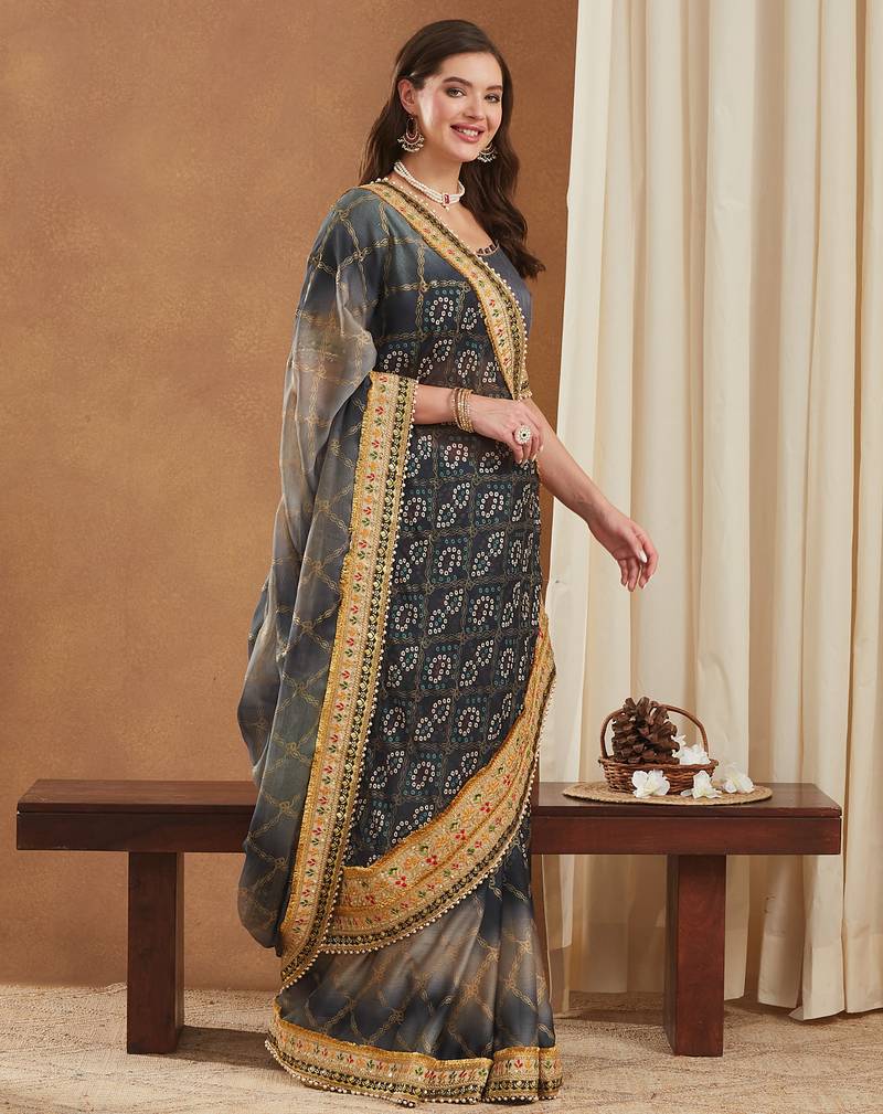 bandhej mose chiffon saree with banglori art silk blouse