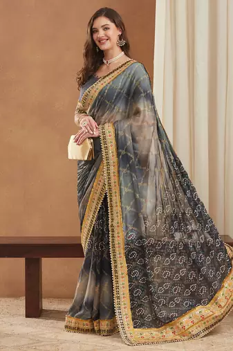 bandhej mose chiffon saree with banglori art silk blouse