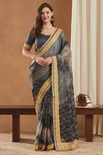 bandhej mose chiffon saree with banglori art silk blouse