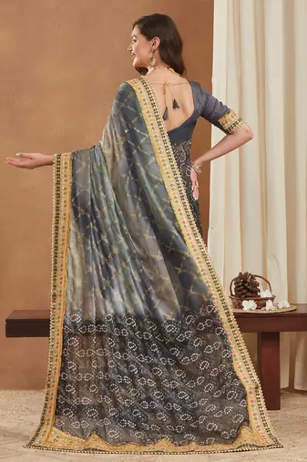 bandhej mose chiffon saree with banglori art silk blouse