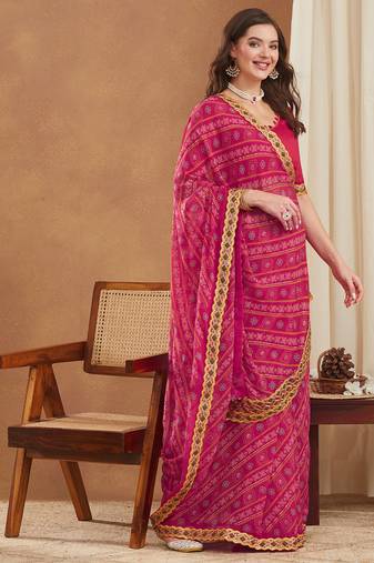 exclusive georgette bandhej foil print saree with banglori art silk blouse