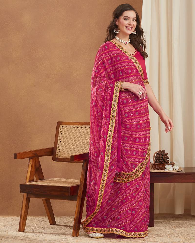exclusive georgette bandhej foil print saree with banglori art silk blouse