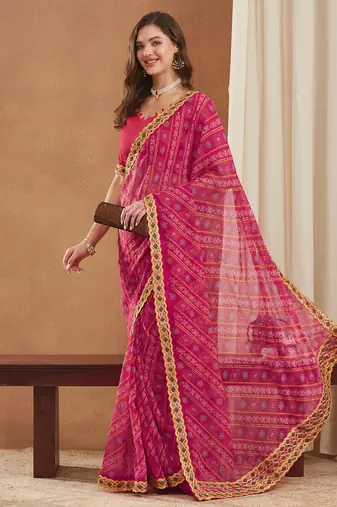 exclusive georgette bandhej foil print saree with banglori art silk blouse