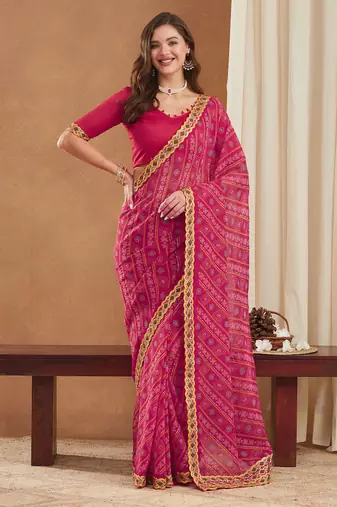 exclusive georgette bandhej foil print saree with banglori art silk blouse