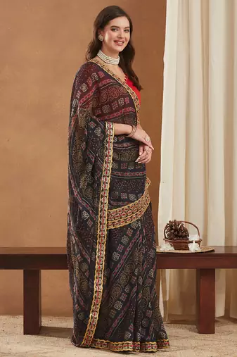 exclusive georgette bandhej foil print saree with banglori art silk blouse