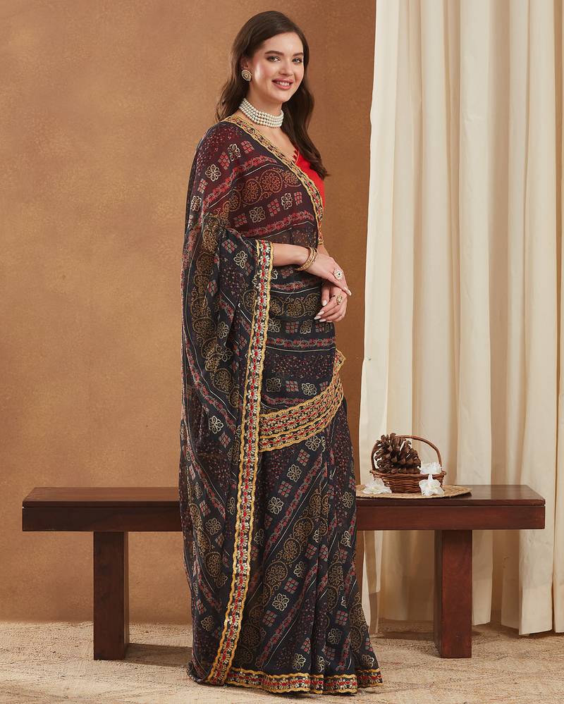 exclusive georgette bandhej foil print saree with banglori art silk blouse