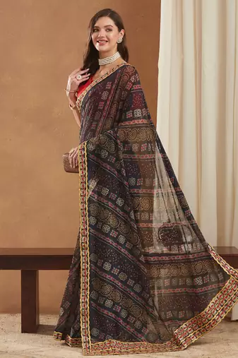 exclusive georgette bandhej foil print saree with banglori art silk blouse