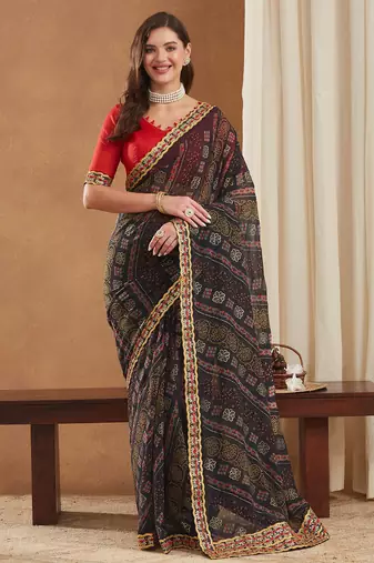 exclusive georgette bandhej foil print saree with banglori art silk blouse