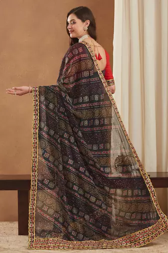 exclusive georgette bandhej foil print saree with banglori art silk blouse