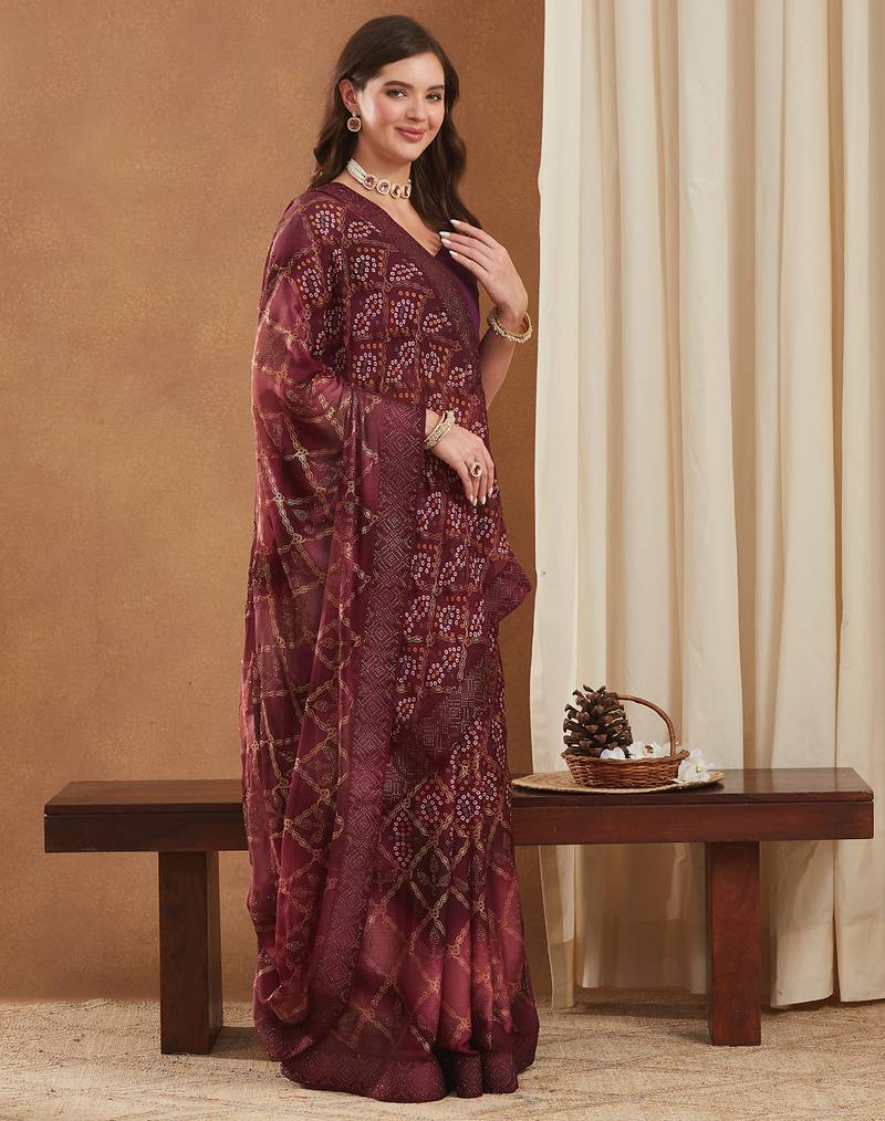 bandhej mose chiffon saree with swarovski border and banglori art silk blouse