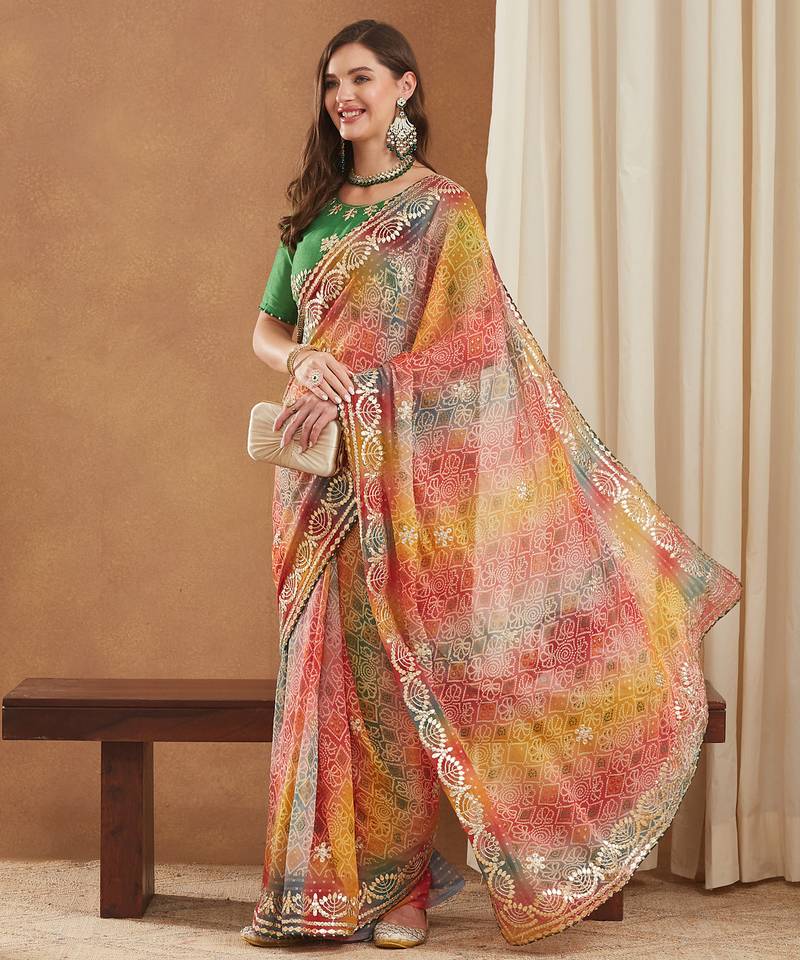 exclusive bandhej georgette saree with sequins & gotapati work blouse